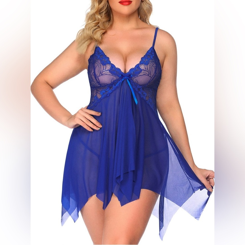 Plus Size Lingerie Lace Babydoll Sexy Chemise V Neck Mesh Sleepwear Set